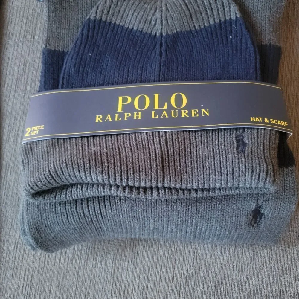 Polo Ralph Lauren Men's Grey & Navy Lambswool 2 Piece Set Hat & Scarf